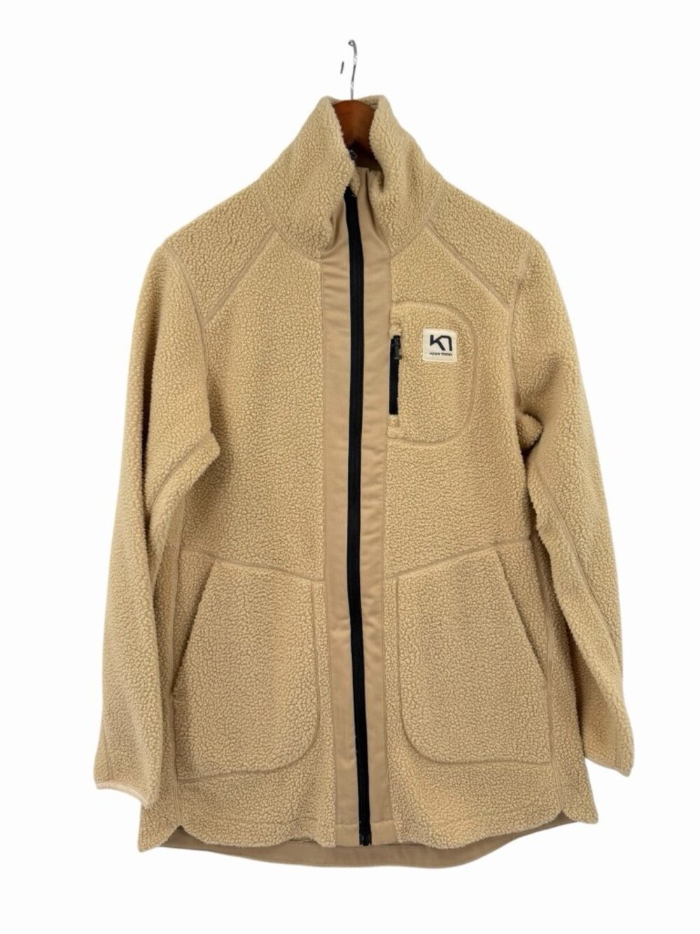 KARI TRAA Women's Beige Sherpa Long Full Zip High Neck Coat Small